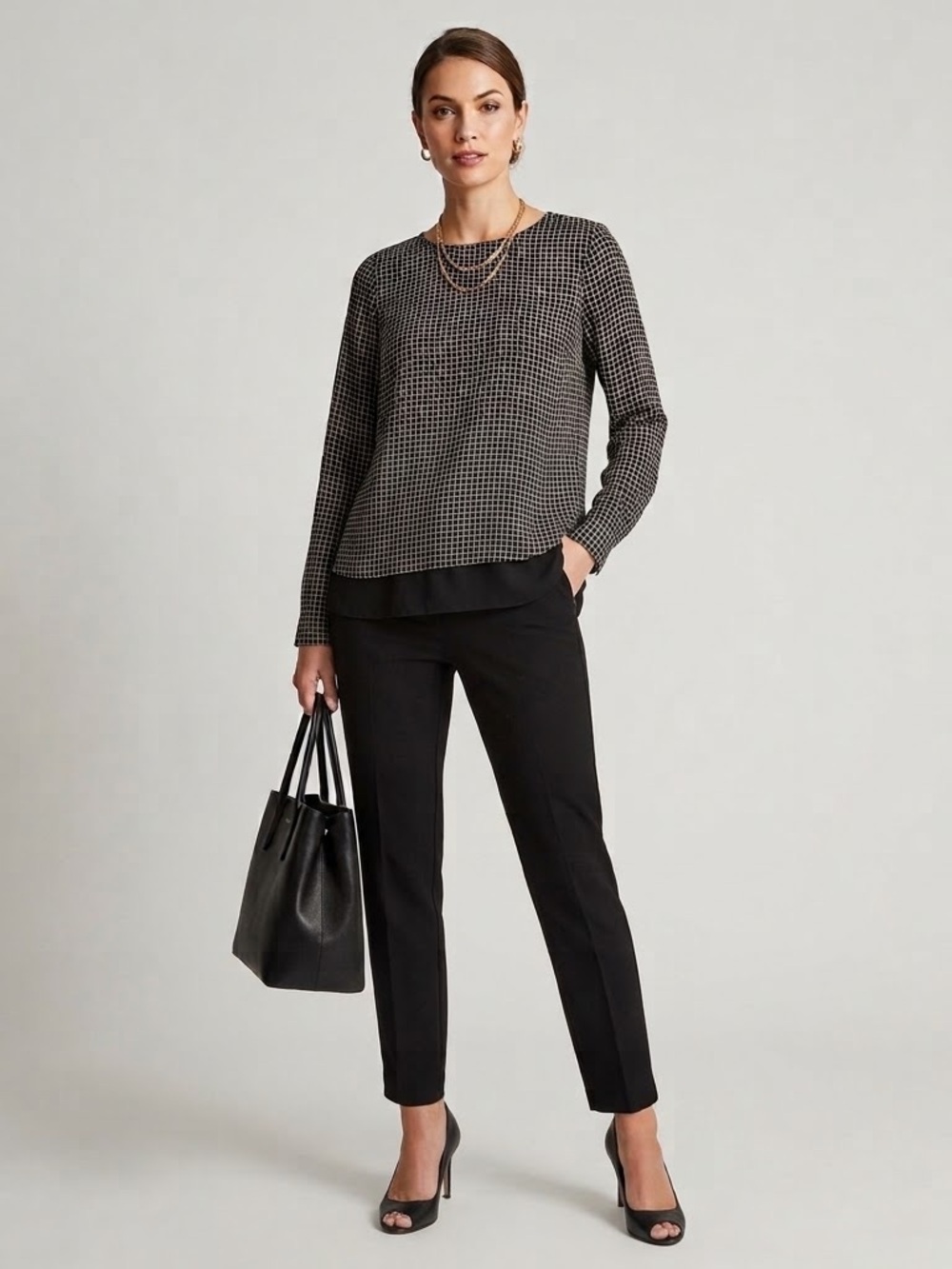 The Limited Black and White Windowpane Sheer Layered Long Sleeve Blouse Sz Small